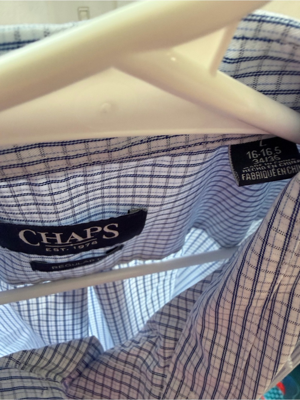 Chaps Men's Regular Fit Blue & White Check Dress Shirt L - Picture 3 of 6